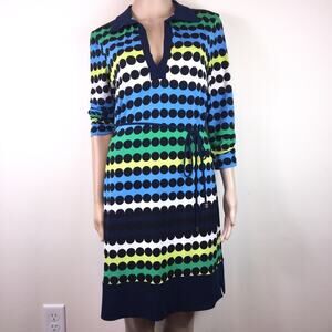 Muse Blue/Green Striped Shirt Dress w/ Dot Design and Tie Belt,‎ Sz 12
